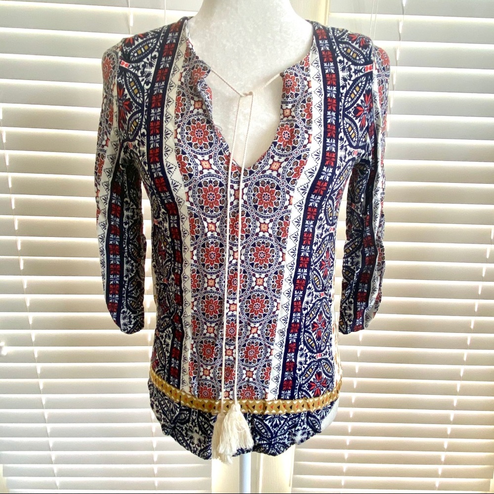 Renee C Stitch Fix Small Navy Blue Tassel Blouse
